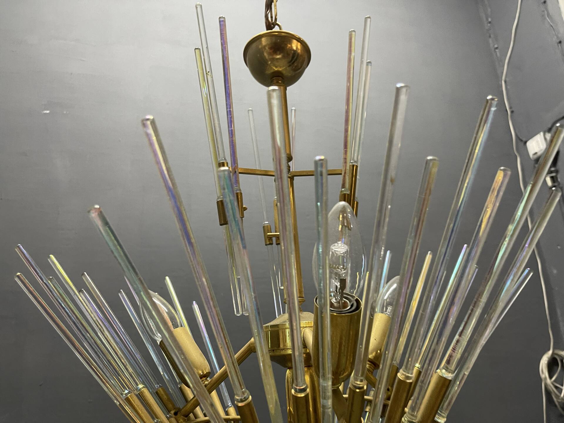 Murano Glass Rod Brass Chandelier, Italy, 1970s