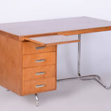 Restored Pair of Oak Writing Desks, Hynek Gottwald, Chrome, Czechia, 1930s