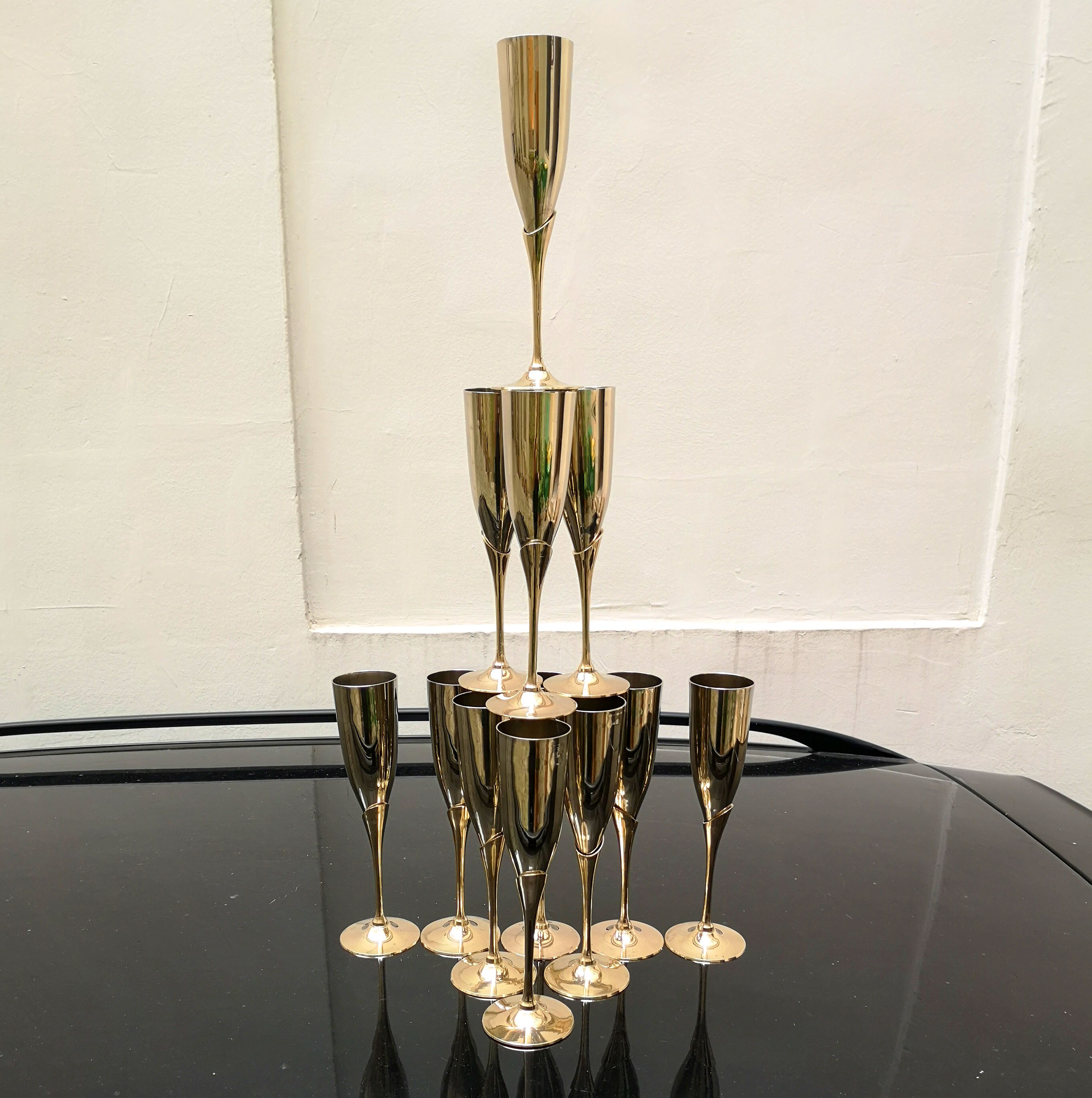 12 brass champagne flutes 70s