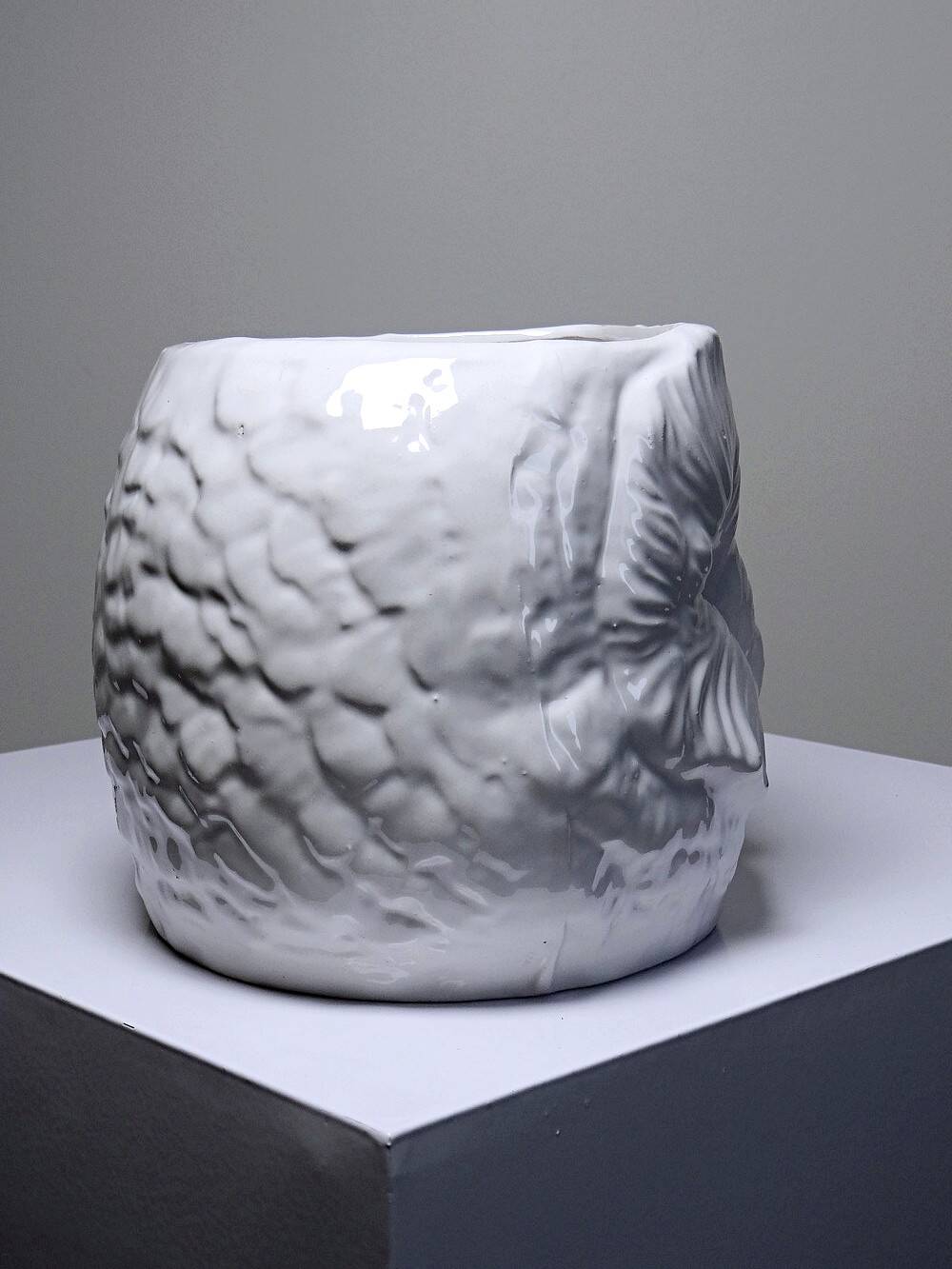 Large cache pot owl head vintage Italian white earthenware
