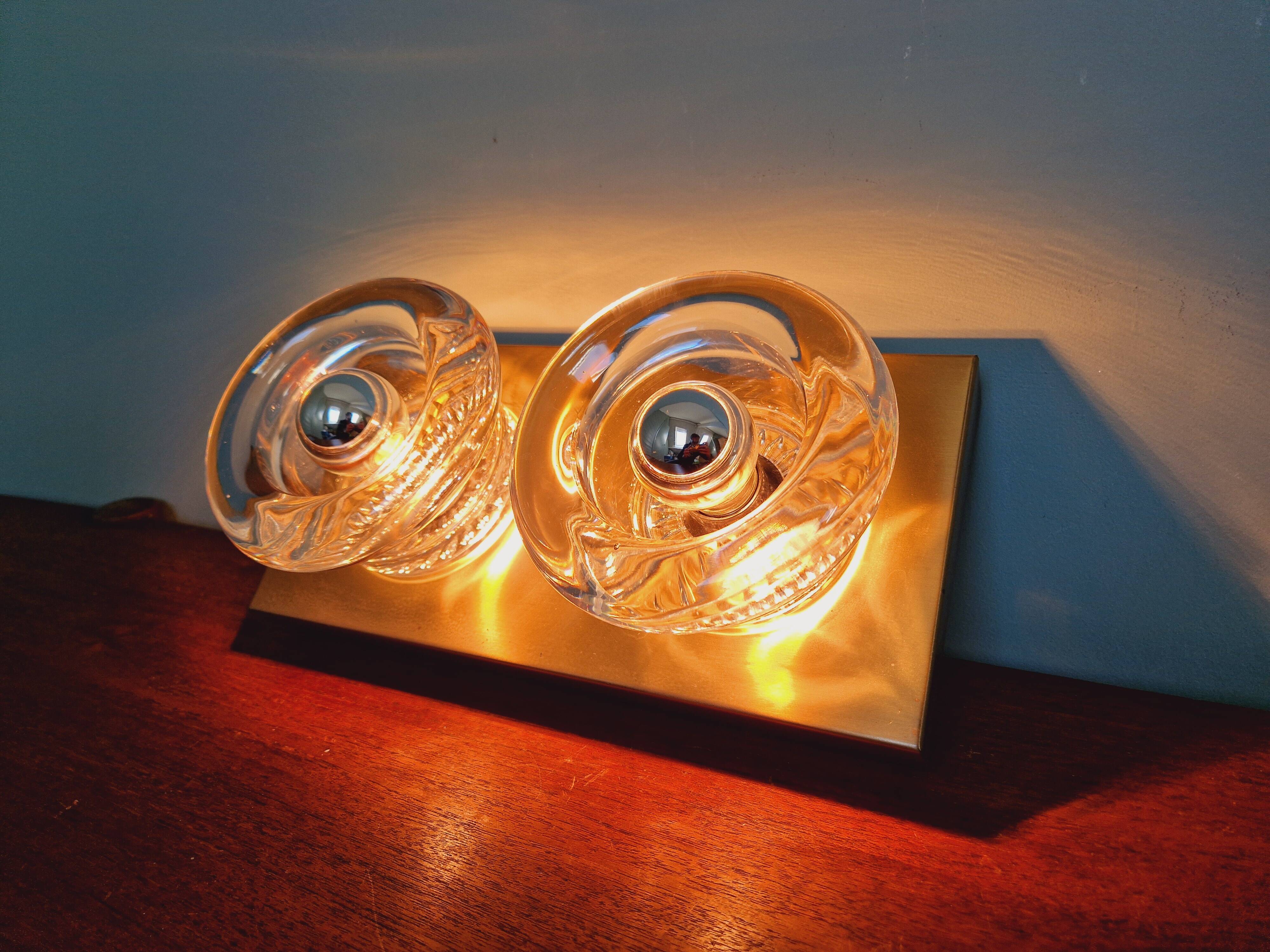 Double wall light in brass and glass, Space Age style, Cosack, 1970
