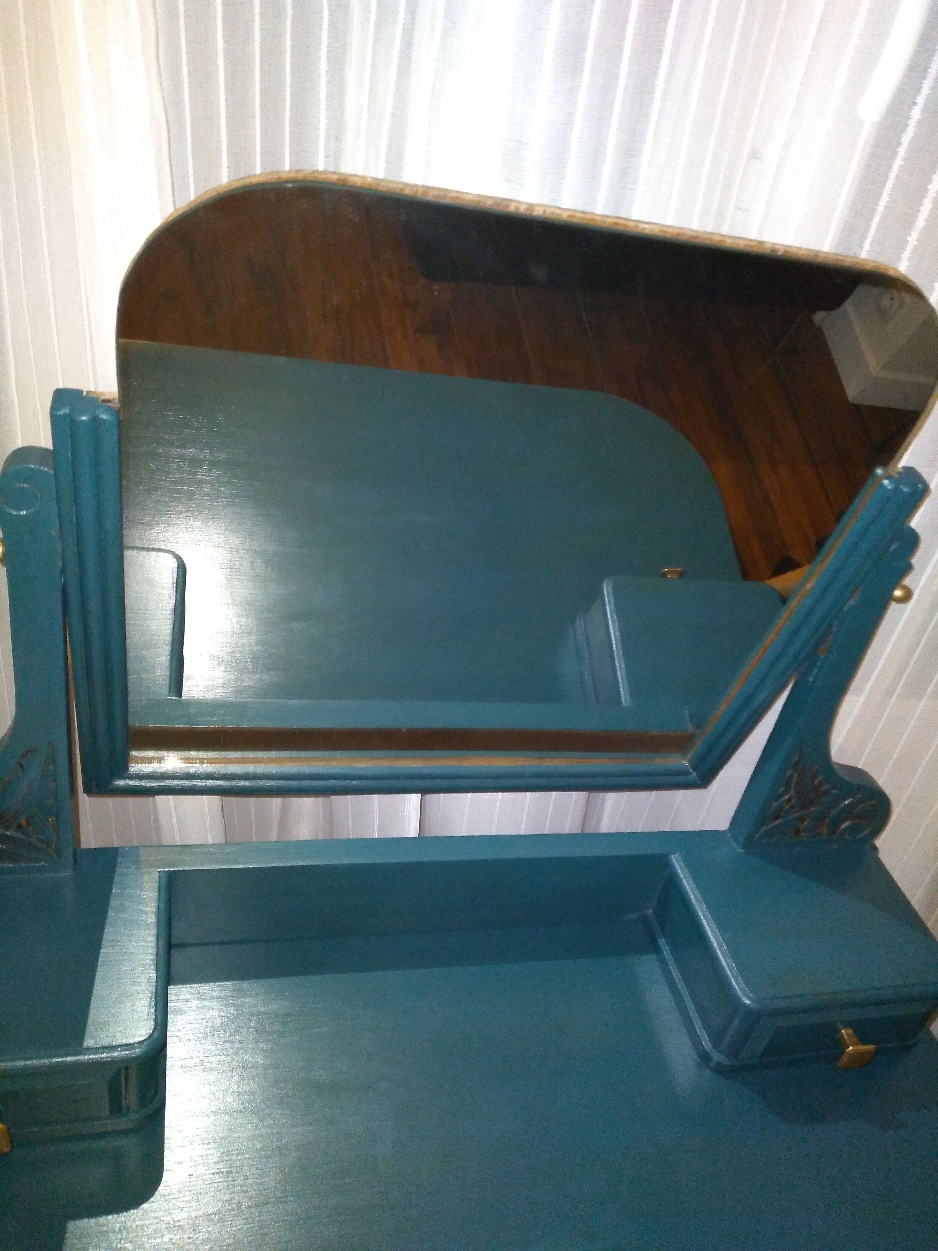 Blue art deco dressing table, swivel mirror