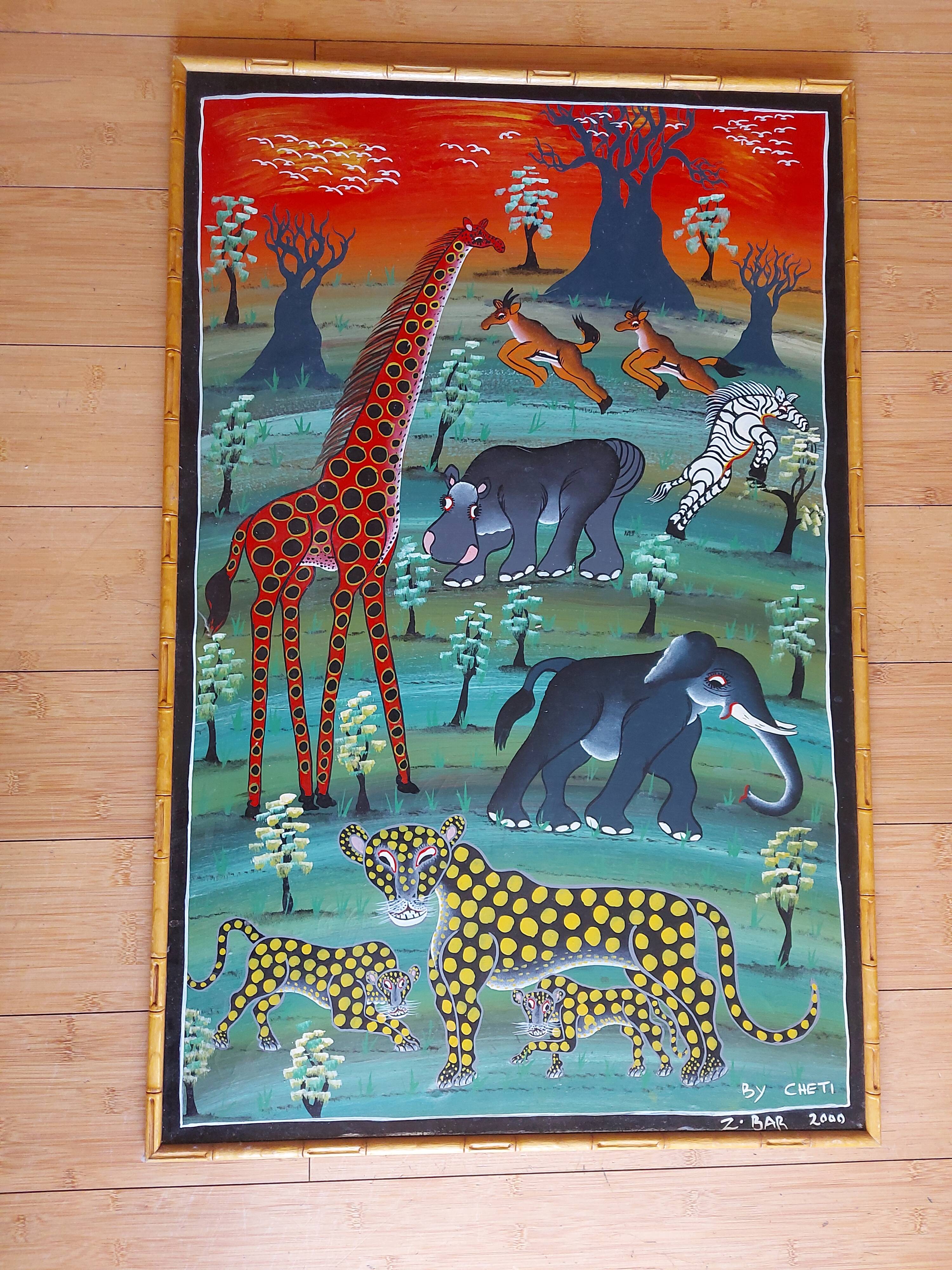 Grande huile sur toile art africain TingaTinga , Zanzibar , Tanzanie , Cheti