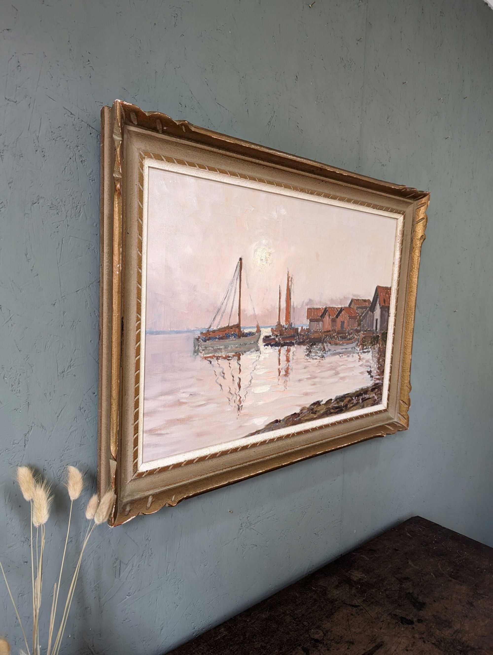 Mid-Century Modern Swedish "Coastal Sunset" Vintage Seascape Oil Painting, Framed