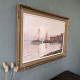 Mid-Century Modern Swedish "Coastal Sunset" Vintage Seascape Oil Painting, Framed