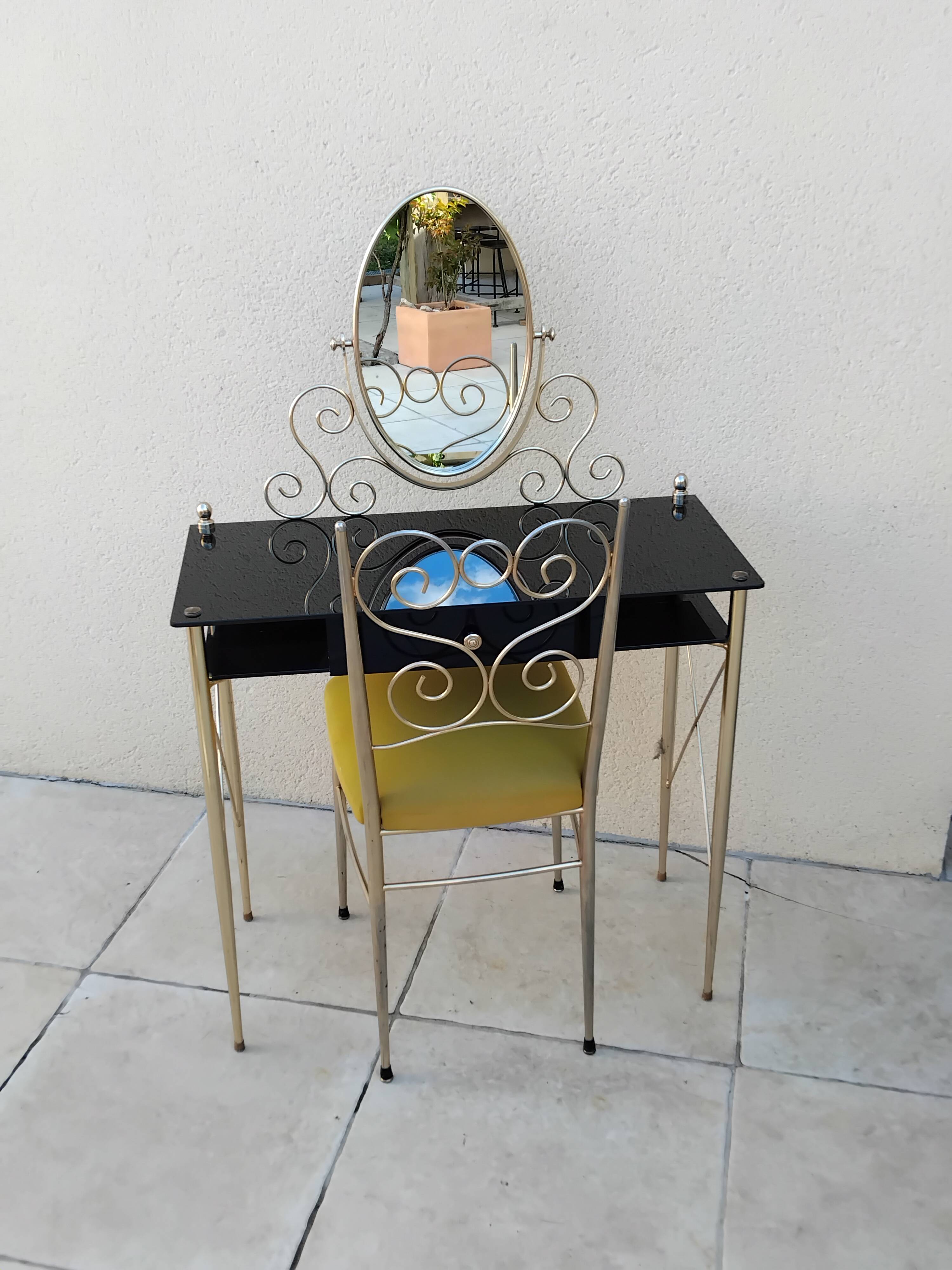 Coiffeuse et chaise vintage verre et métal dorée
