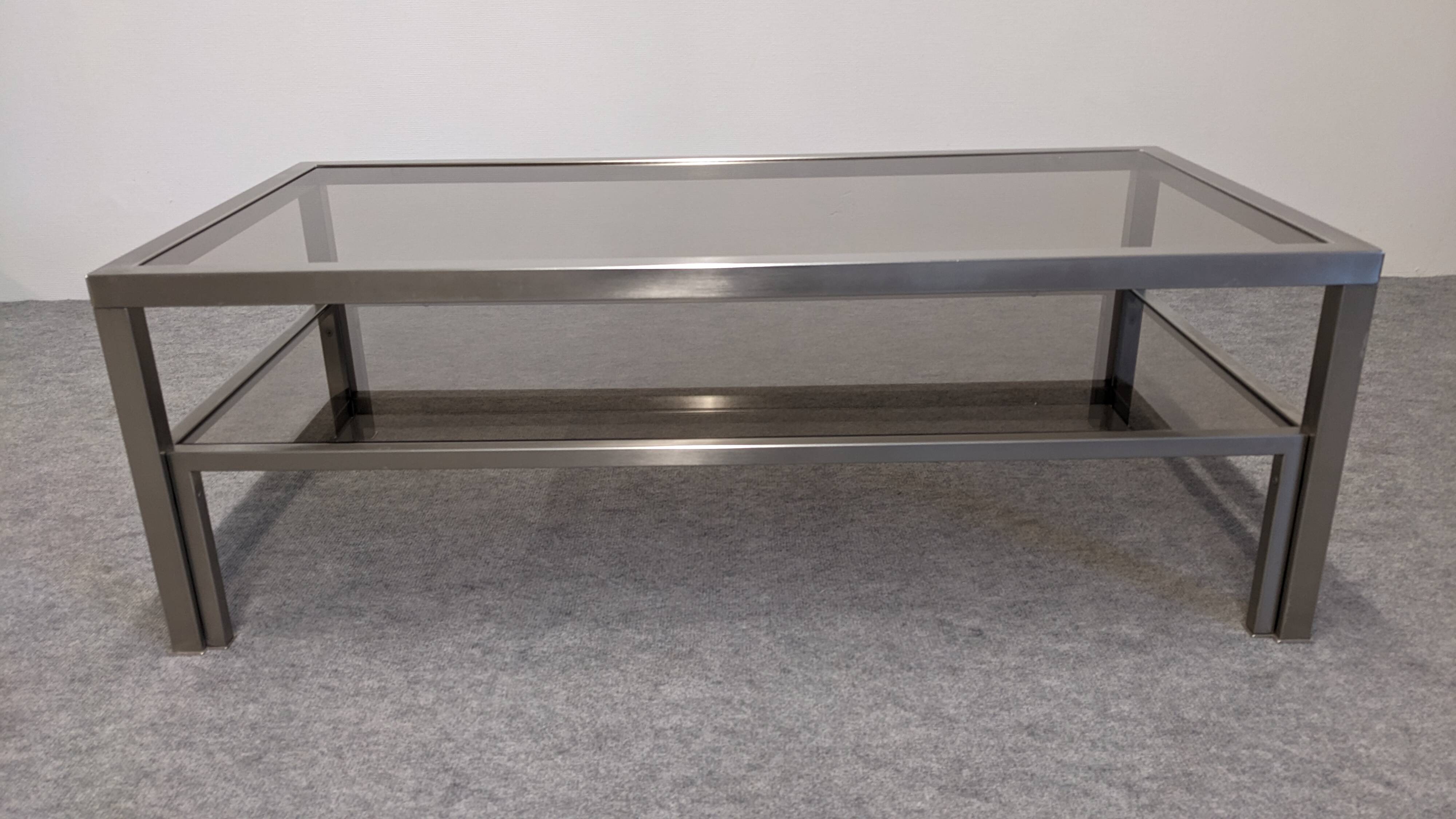 Table basse à 2 plateaux en inox brossé et verre fumé, France vers 1970