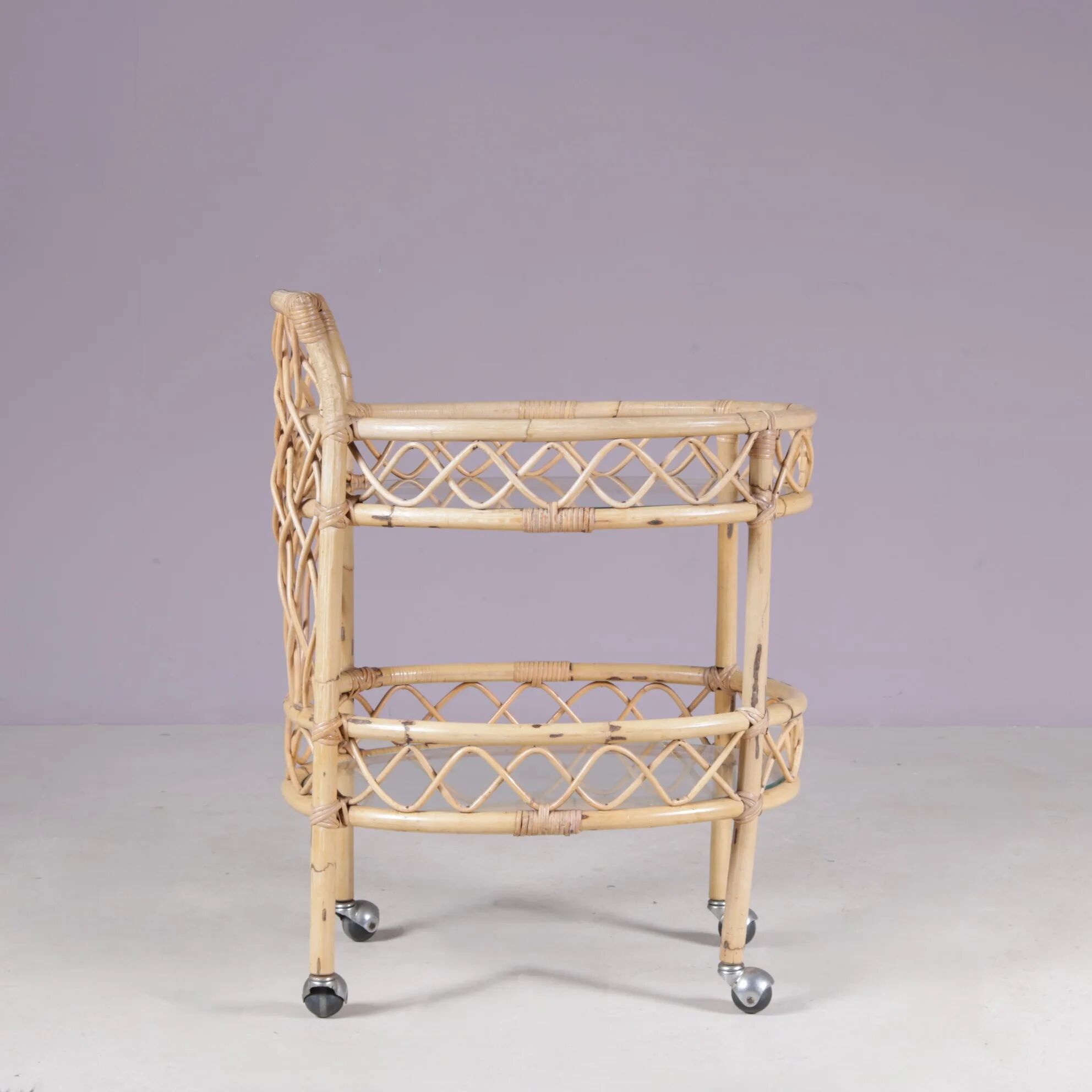 1950s bamboo trolley with two glass tops Italy