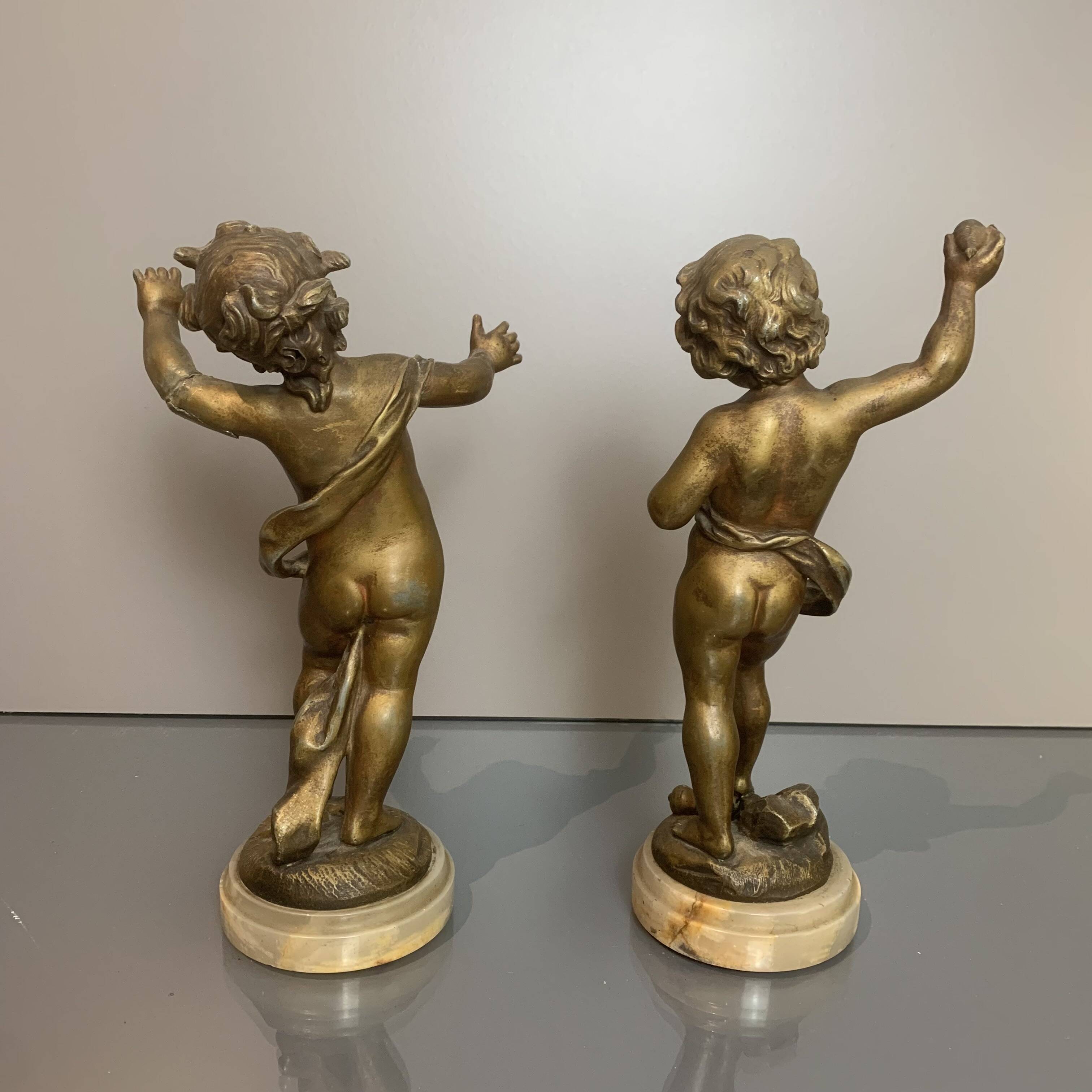 Two bronze statues, Auguste Moreau 'putti' (h25cm) 19th century sculpture