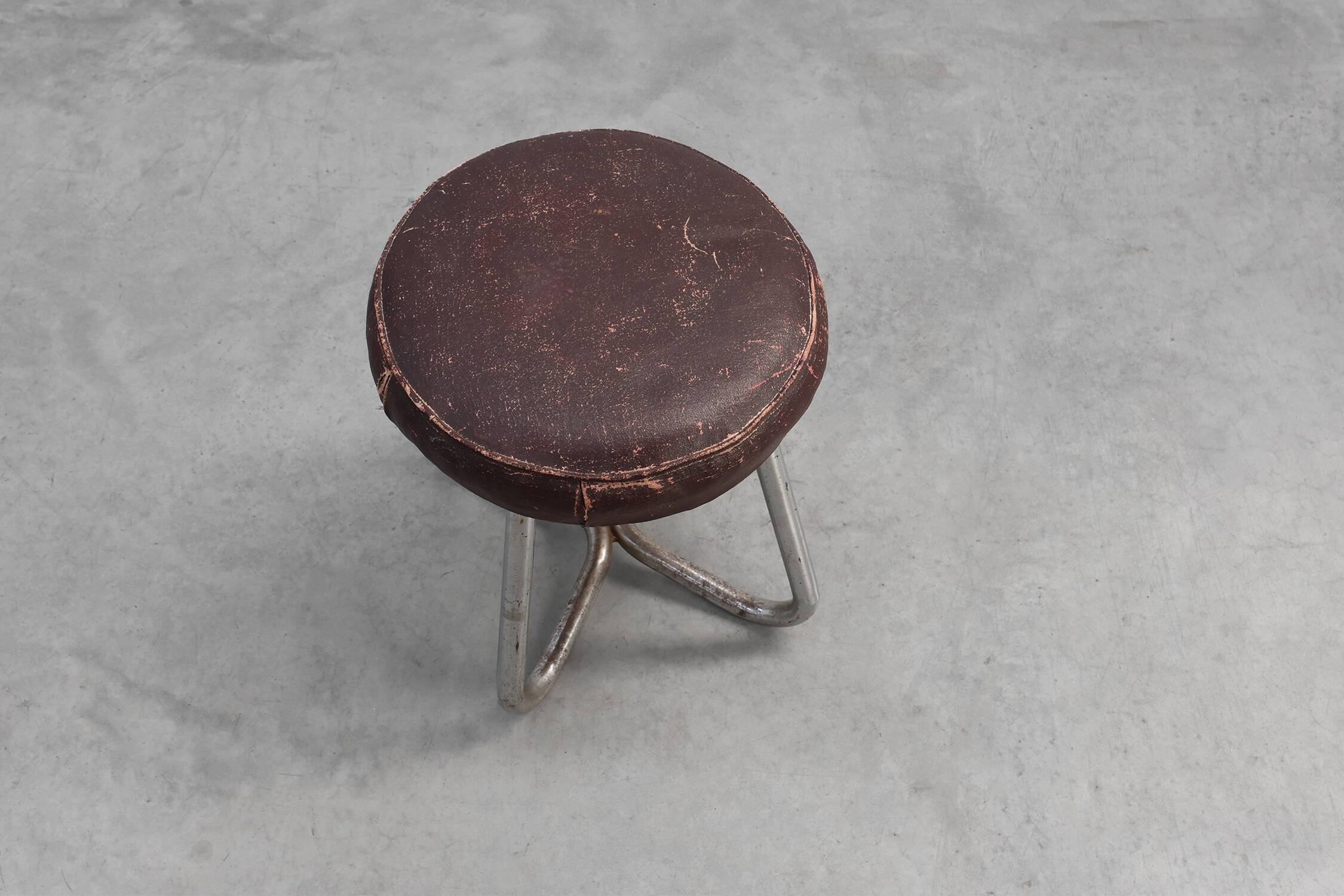 Bauhaus Modernist Stool with Chrome Tubular Frame and Leather Seat, Germany