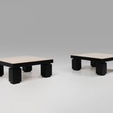 Set of 2 mid-century coffee tables in oak with travertine top