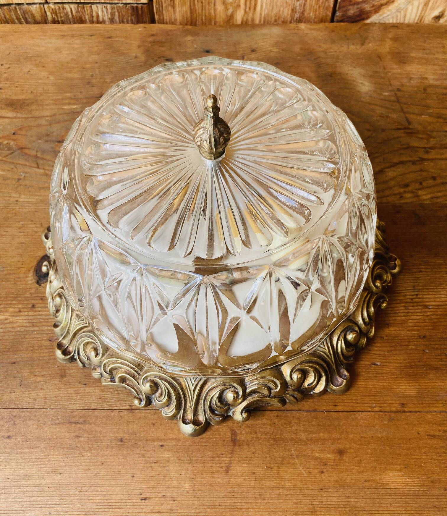 Glass and chiseled bronze ceiling light from the 50s/60s