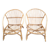 Pair of vintage rattan wicker shell armchairs