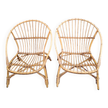 Pair of vintage rattan wicker shell armchairs