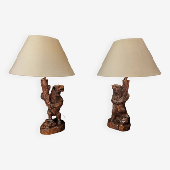 Paire de lampes ours et marmotte en bois de la forêt noire