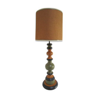 Wooden foot lamp turned khaki ochre lampshade jute vintage