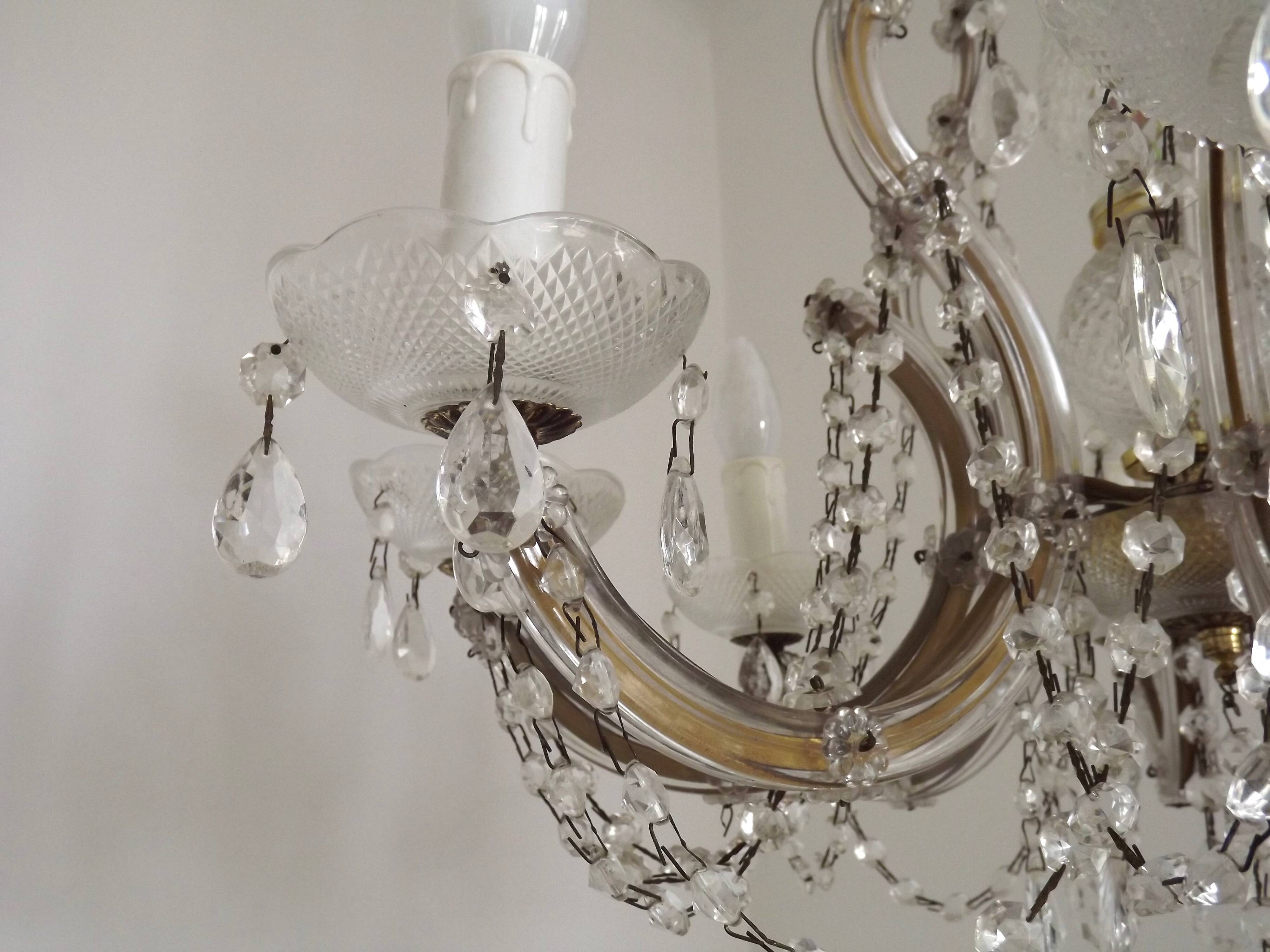 Mid-Century Brass Glass & Crystal Maria Theresa Style 8 Arm Chandelier 5446