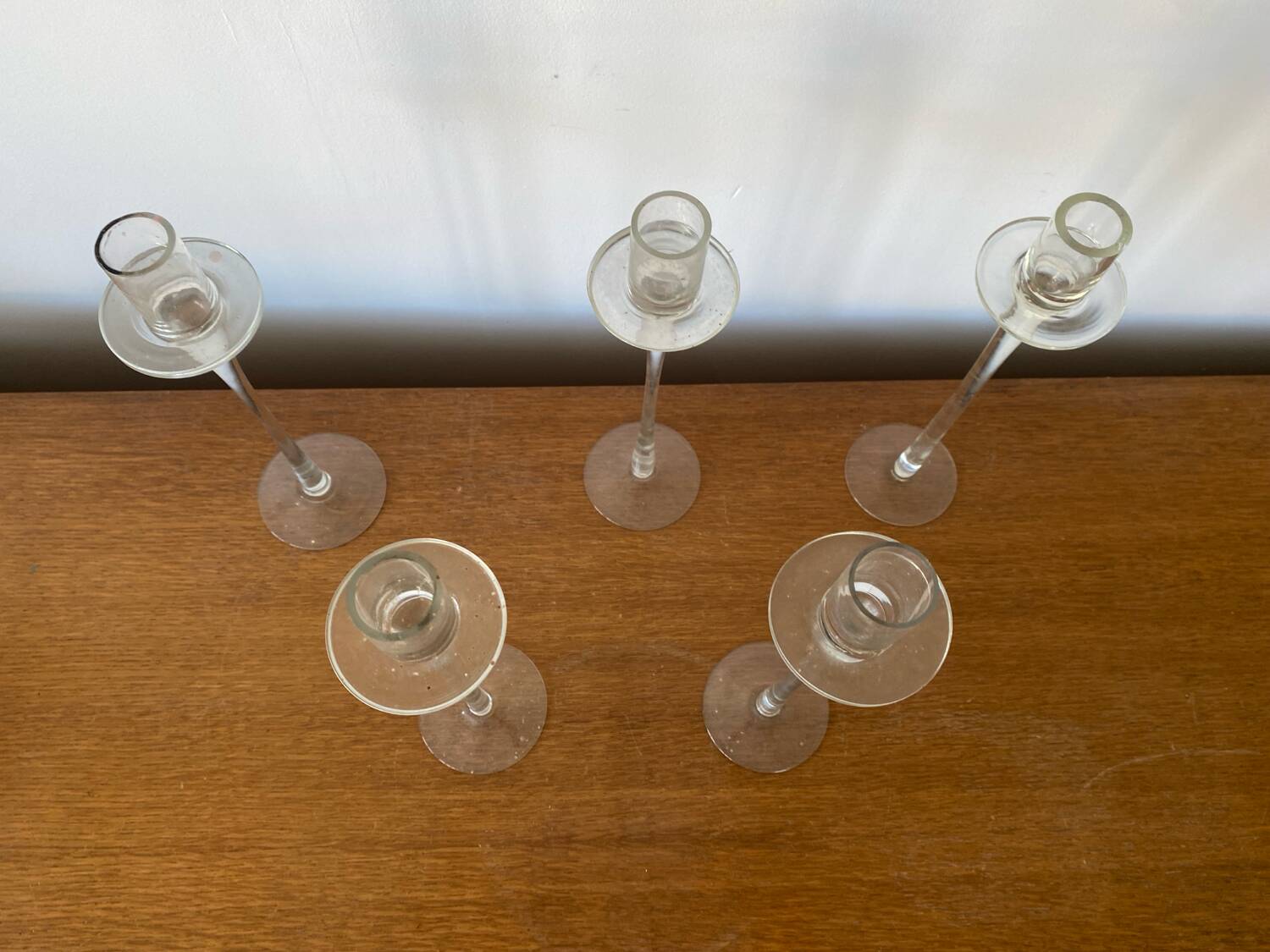 Set of 5 tulip candle holders in clear molded glass vintage decoration