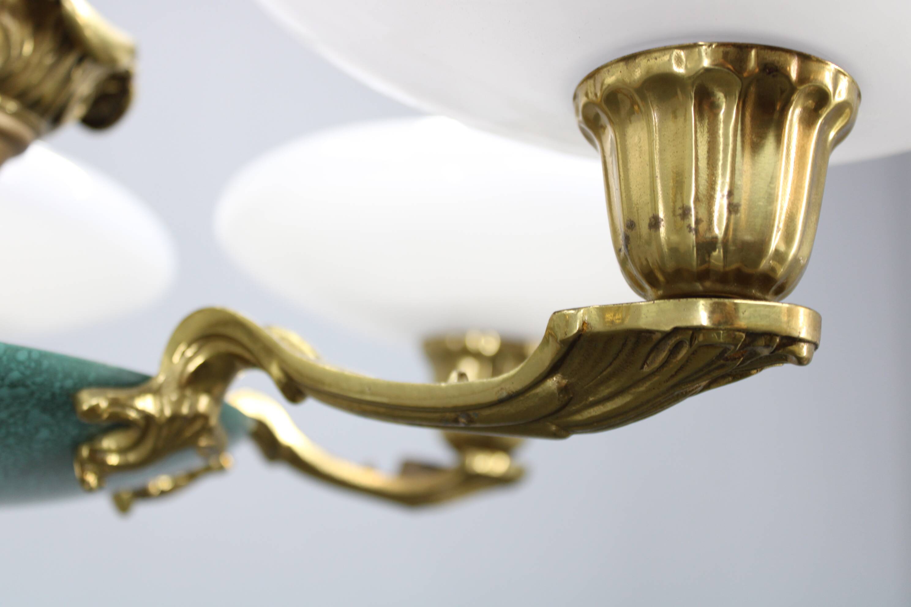 Art Deco six-light chandelier in chrome, brass and opaline glass
