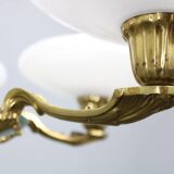 Art Deco six-light chandelier in chrome, brass and opaline glass