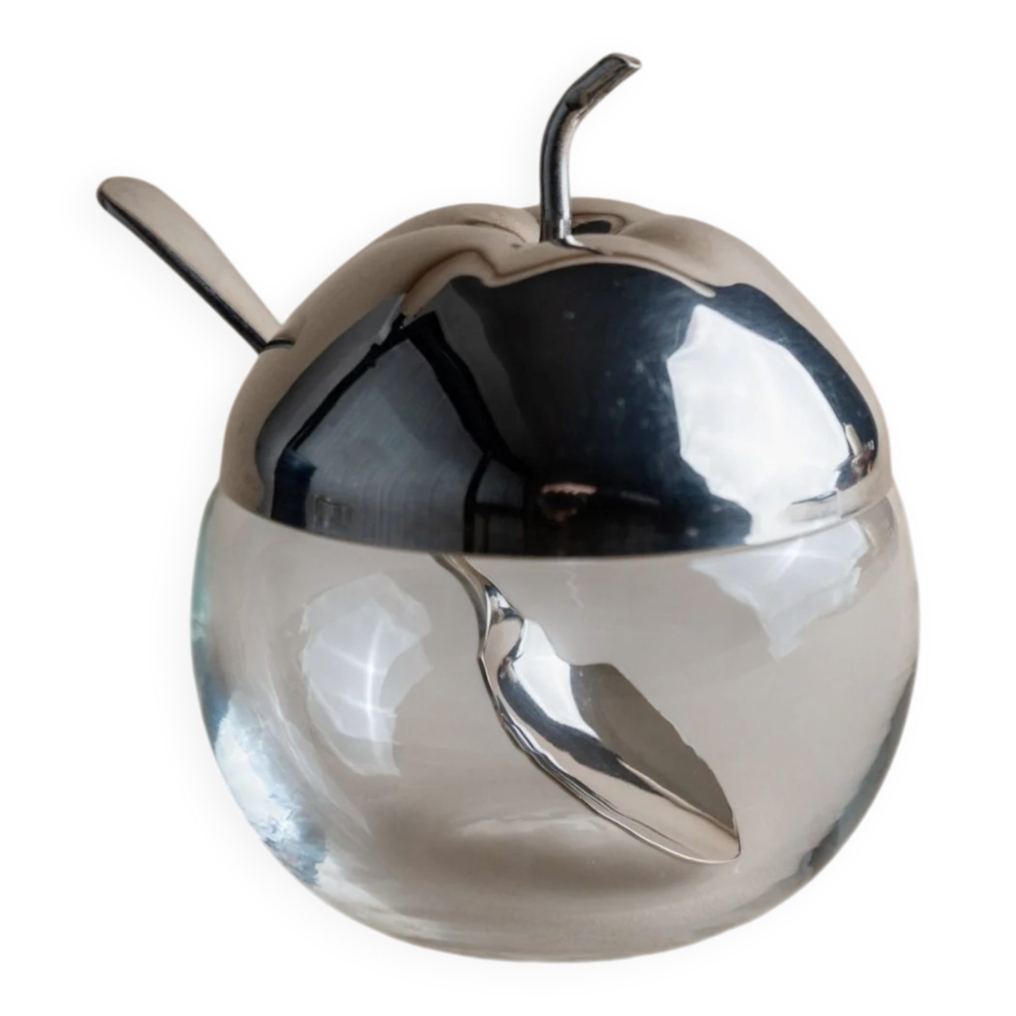 Bocal en verre transparent en forme de pomme vintage avec couvercle et cuillère en métal argenté – Angleterre des années 1950
