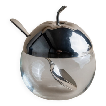 Bocal en verre transparent en forme de pomme vintage avec couvercle et cuillère en métal argenté – Angleterre des années 1950