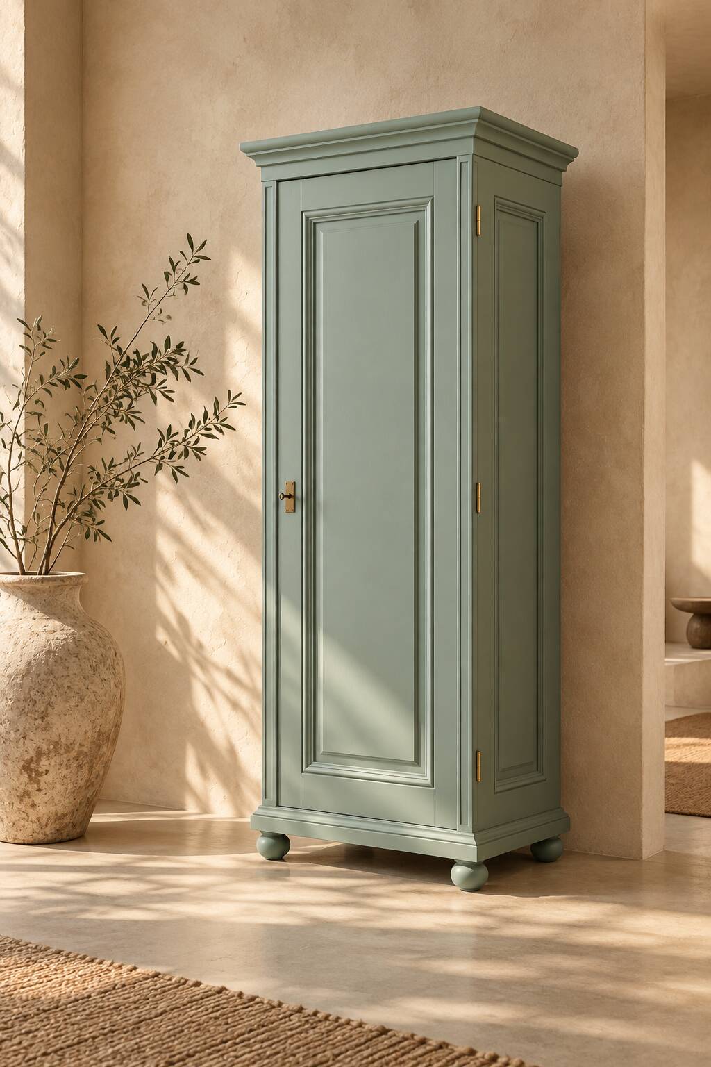 Parisian bonnetière, solid pine, Art Deco, renovated, grey-green.