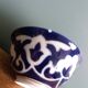 5 Uzbekistan porcelain tea bowls or cups, cobalt and gold decor