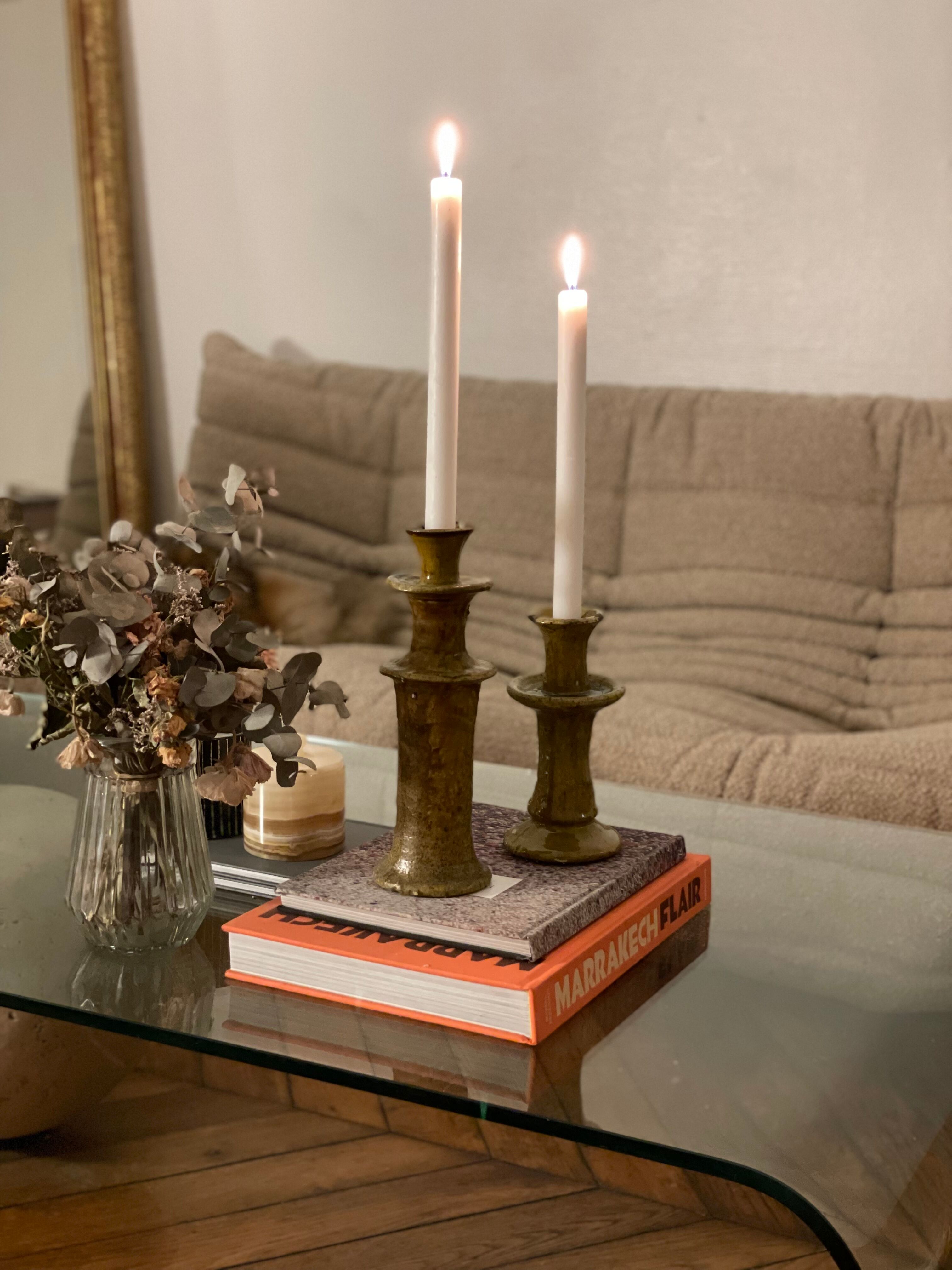 Vintage coffee table Italian design curved glass and travertine
