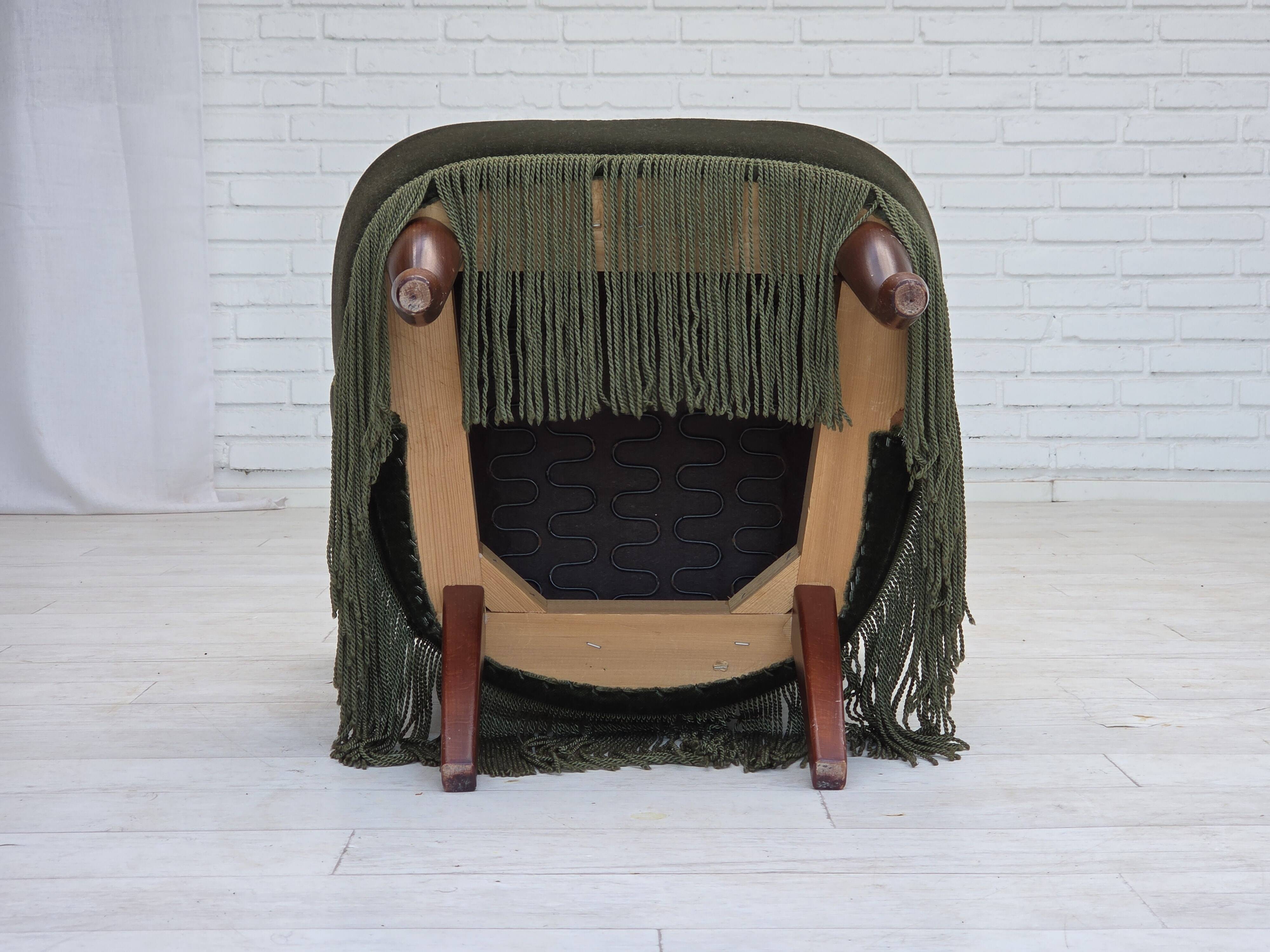 1970s, Danish side chair, green furniture velour, beech wood legs.