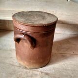 Brown enamelled stoneware pot and lid