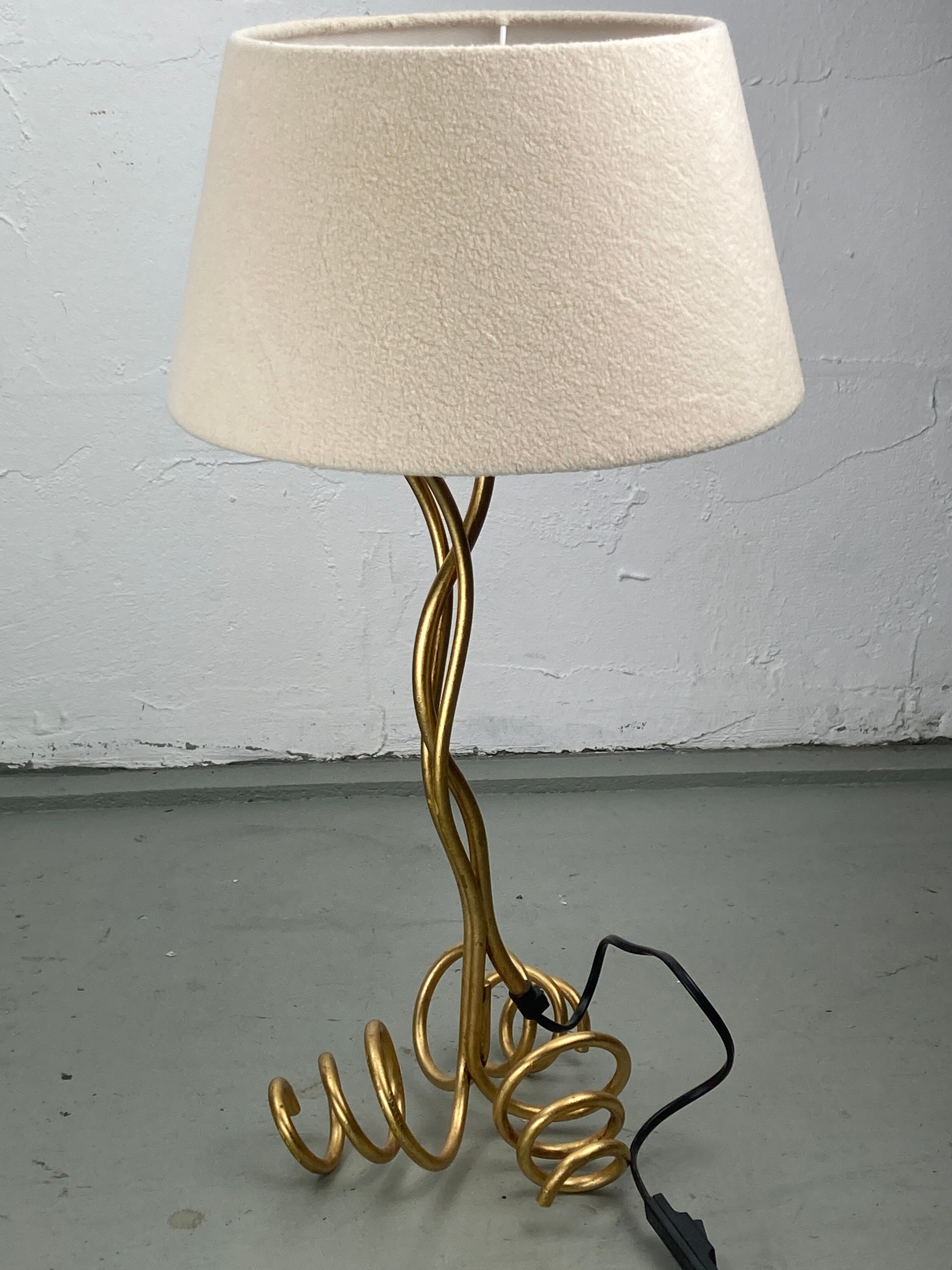 Vintage curly wavy free form label lamp, bouclé shade