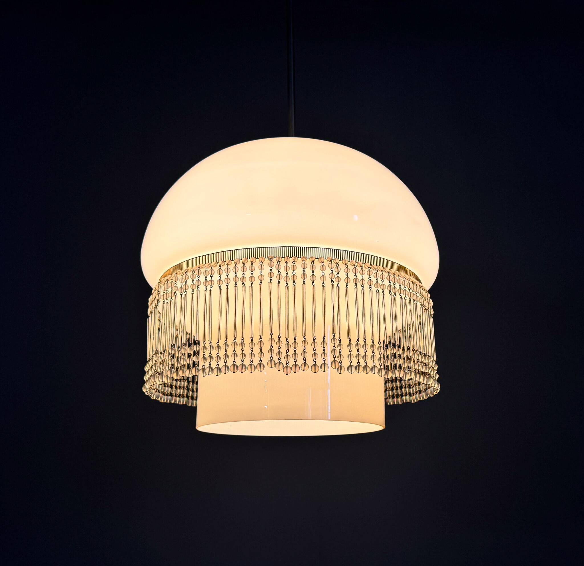 Mid-Century Opaline Glass Pendant Light with Brass Detail & Beads