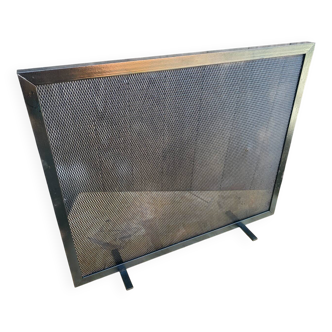 Pare Feu Écran De Cheminée Ancien Métal Noir Grille Perforée Vintage