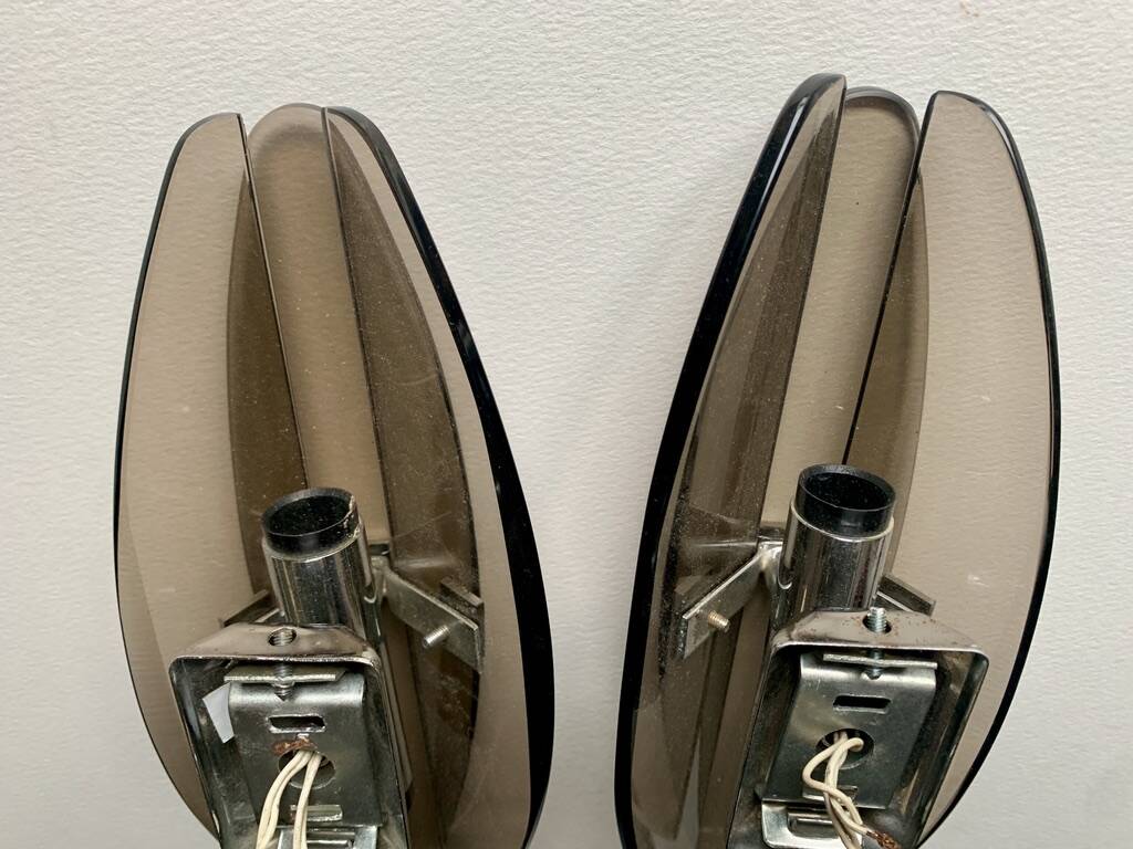 Pair of vintage wall lights 1970 smoked glass and chrome metal veca