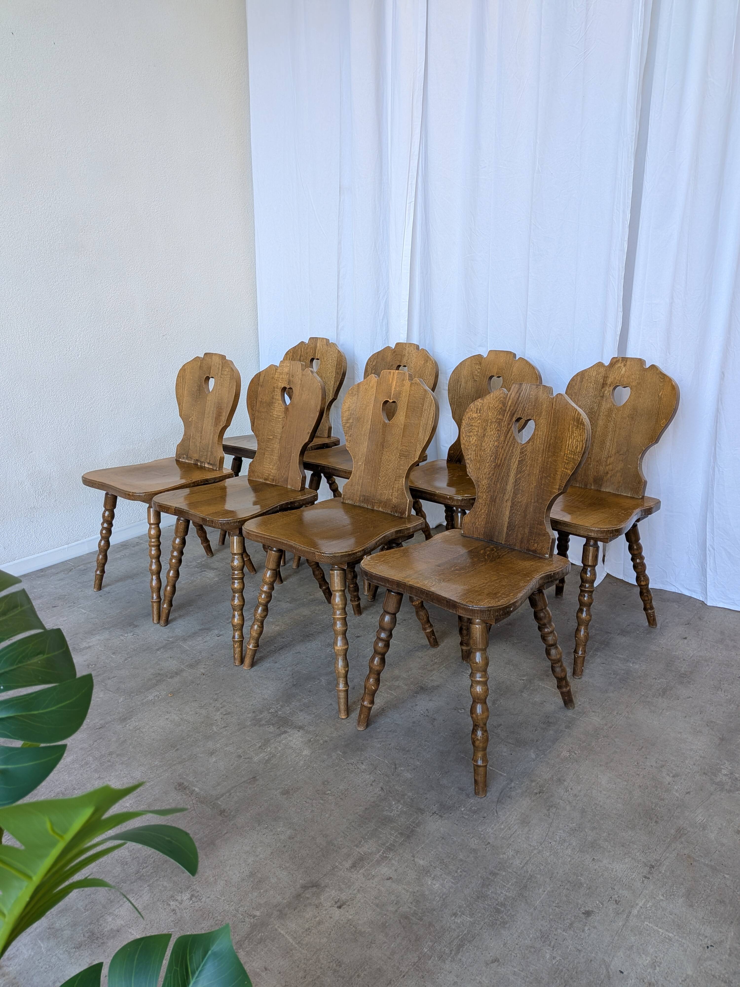 Set of 8 Vintage Tyrolean Heart Cutout Wooden Dining Chairs / Darker Brown