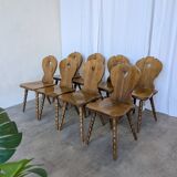 Set of 8 Vintage Tyrolean Heart Cutout Wooden Dining Chairs / Darker Brown