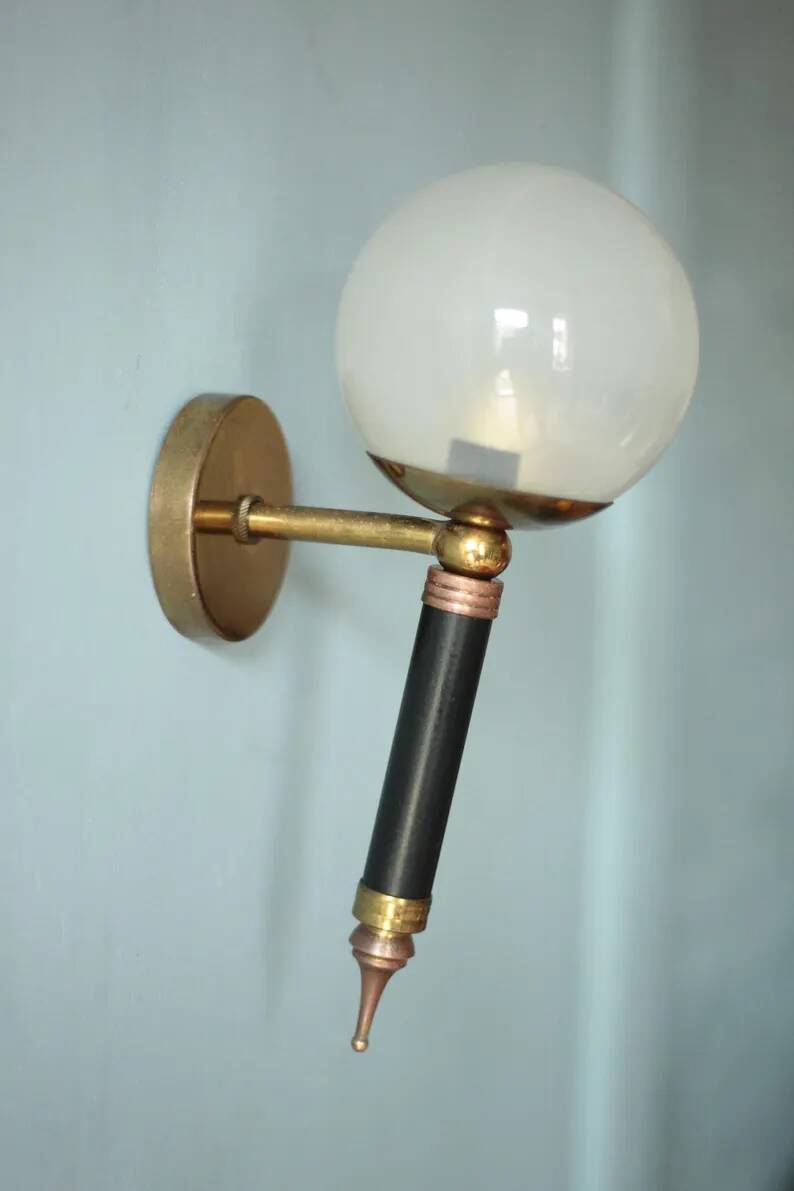 Pair of vintage wall sconces, brass sconce and opaque glass globe, vintage lamp, wall lamp, 50s.