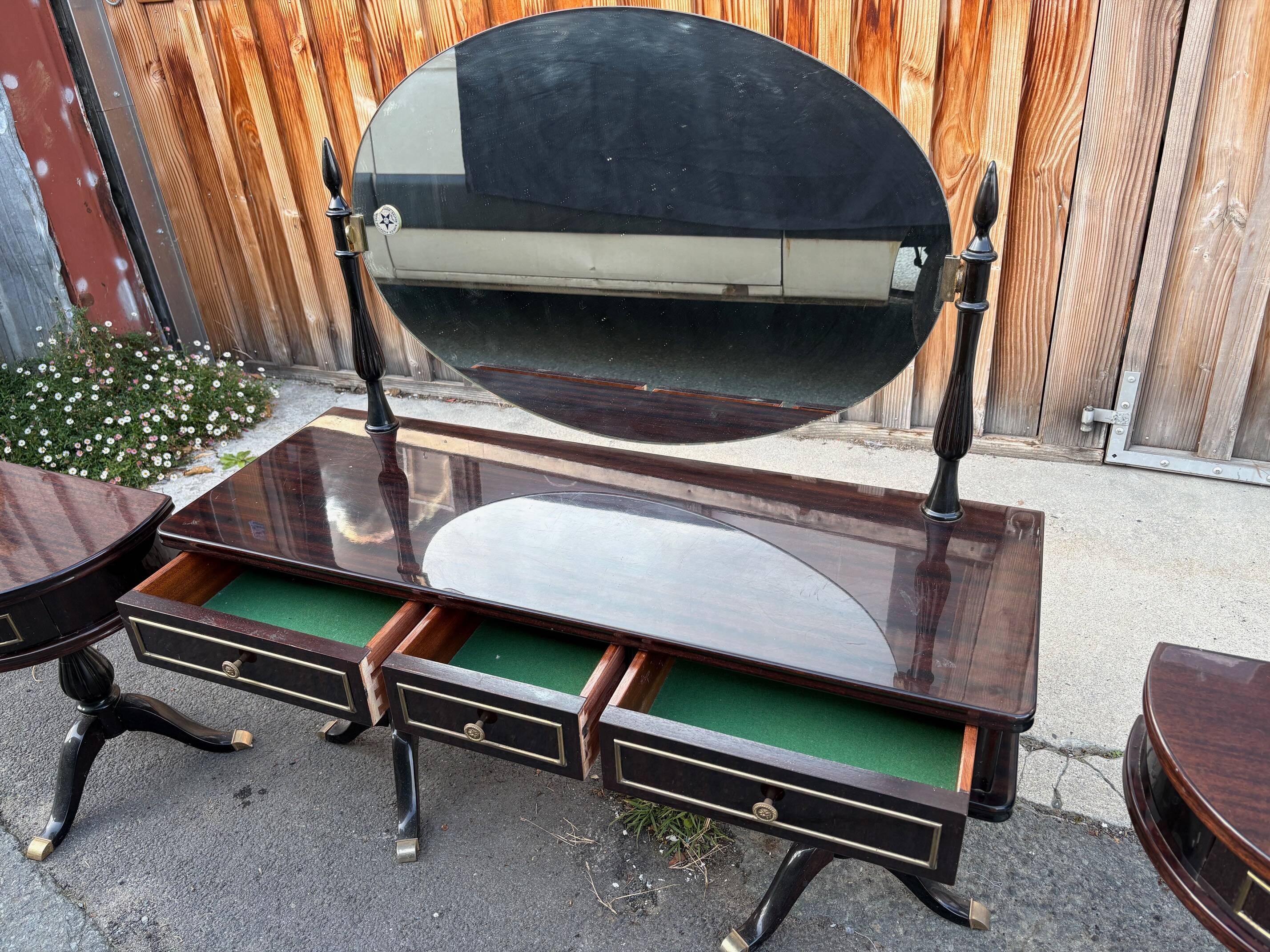 Vintage 1960s triptych hairdresser in mahogany – signed G. Blouin Nantes