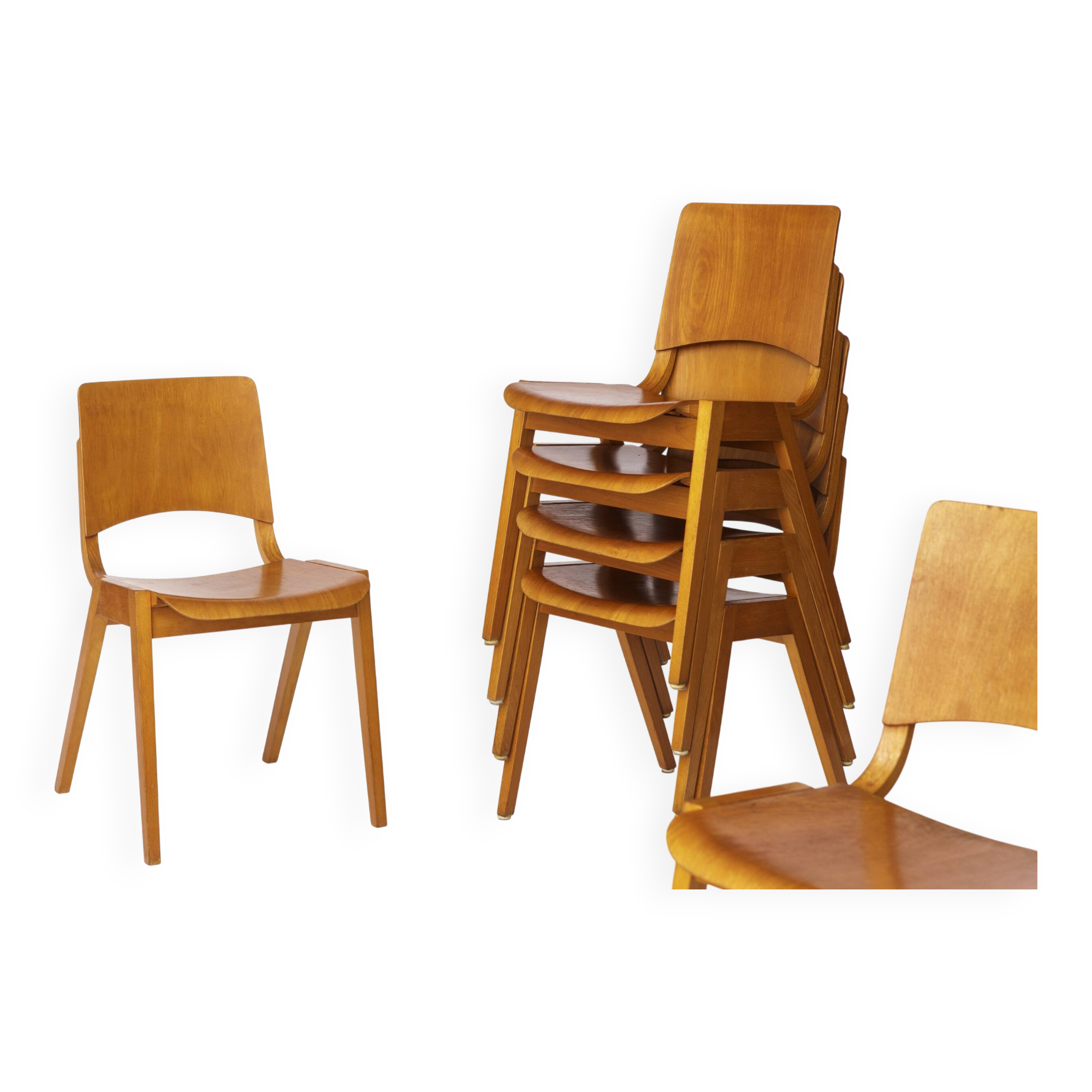 Set of 6 Wilkhahn Stackable Chairs – Beech Wood – Germany 1970s – Vintage
