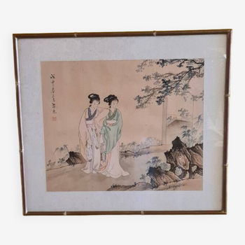 Aquarelle Chinoise Sur Soie représentant 2 Geishas vers 1950