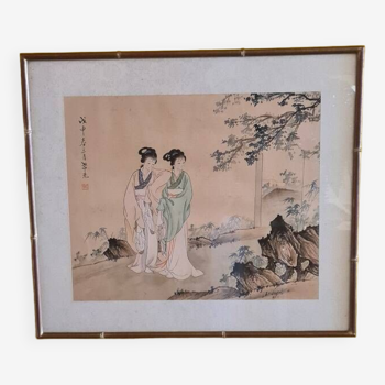 Chinese Watercolor On Silk of 2 Geishas from around 1950