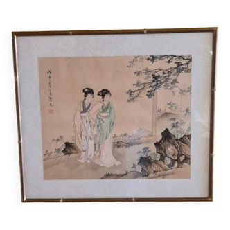 Aquarelle Chinoise Sur Soie représentant 2 Geishas vers 1950