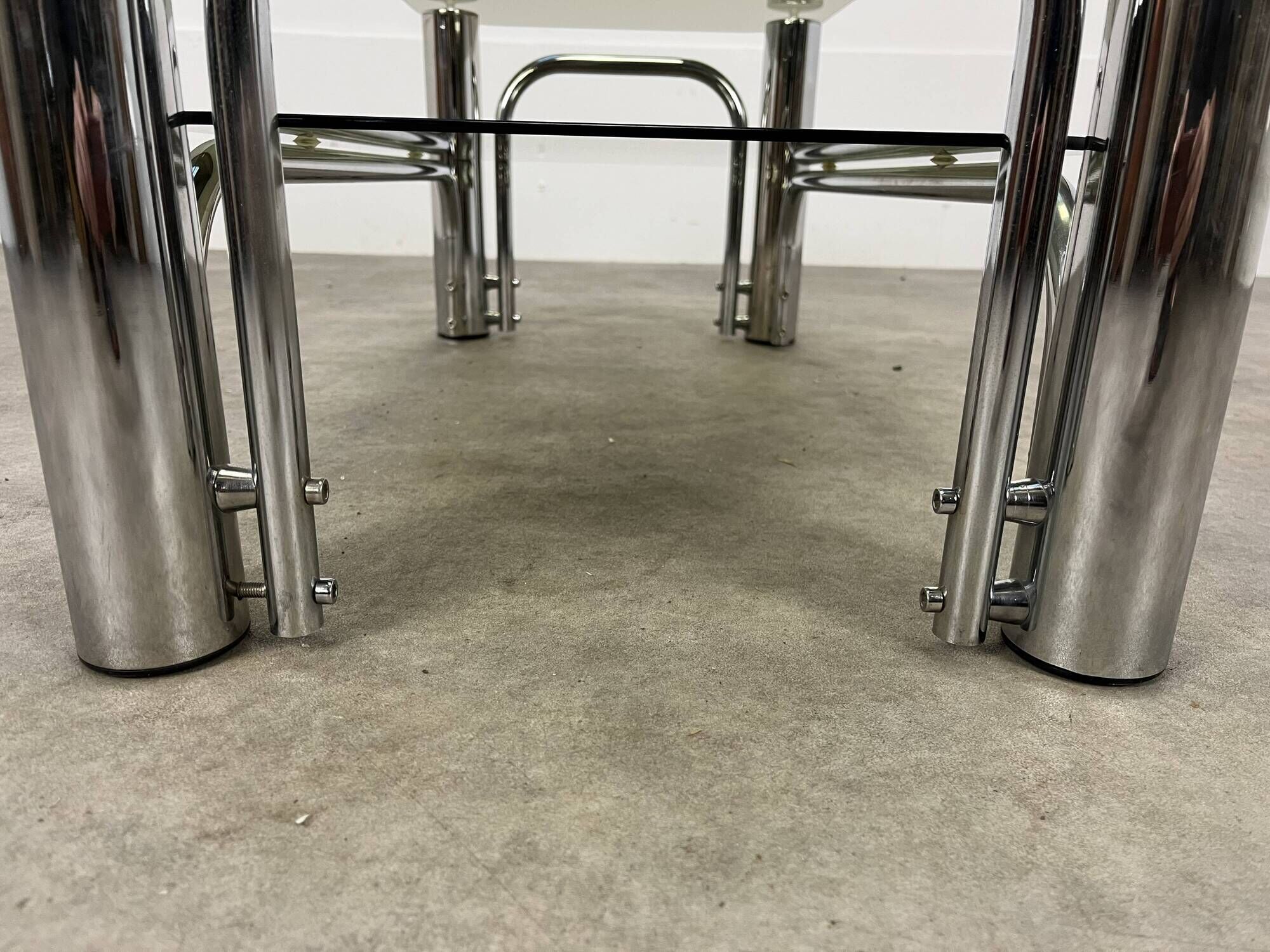 Chrome metal and smoked glass coffee table, 70s