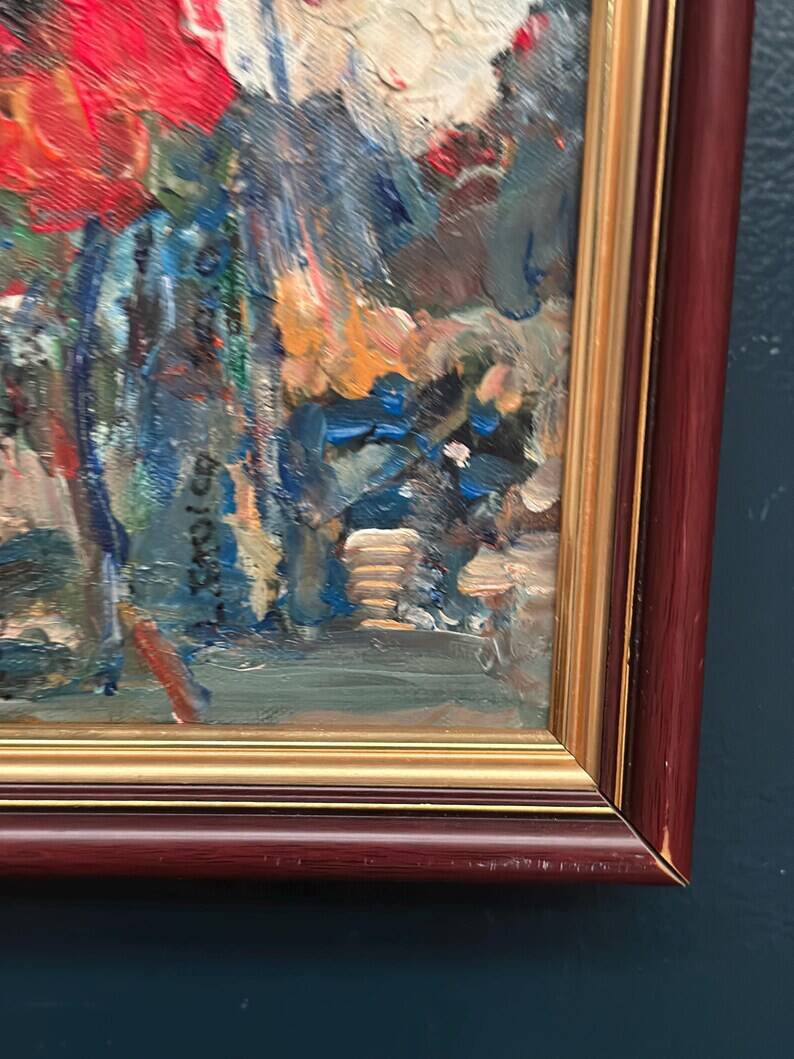 Swedish Oil on Canvas“Red Poppies and White Blossoms” by L. Stokes, Vintage