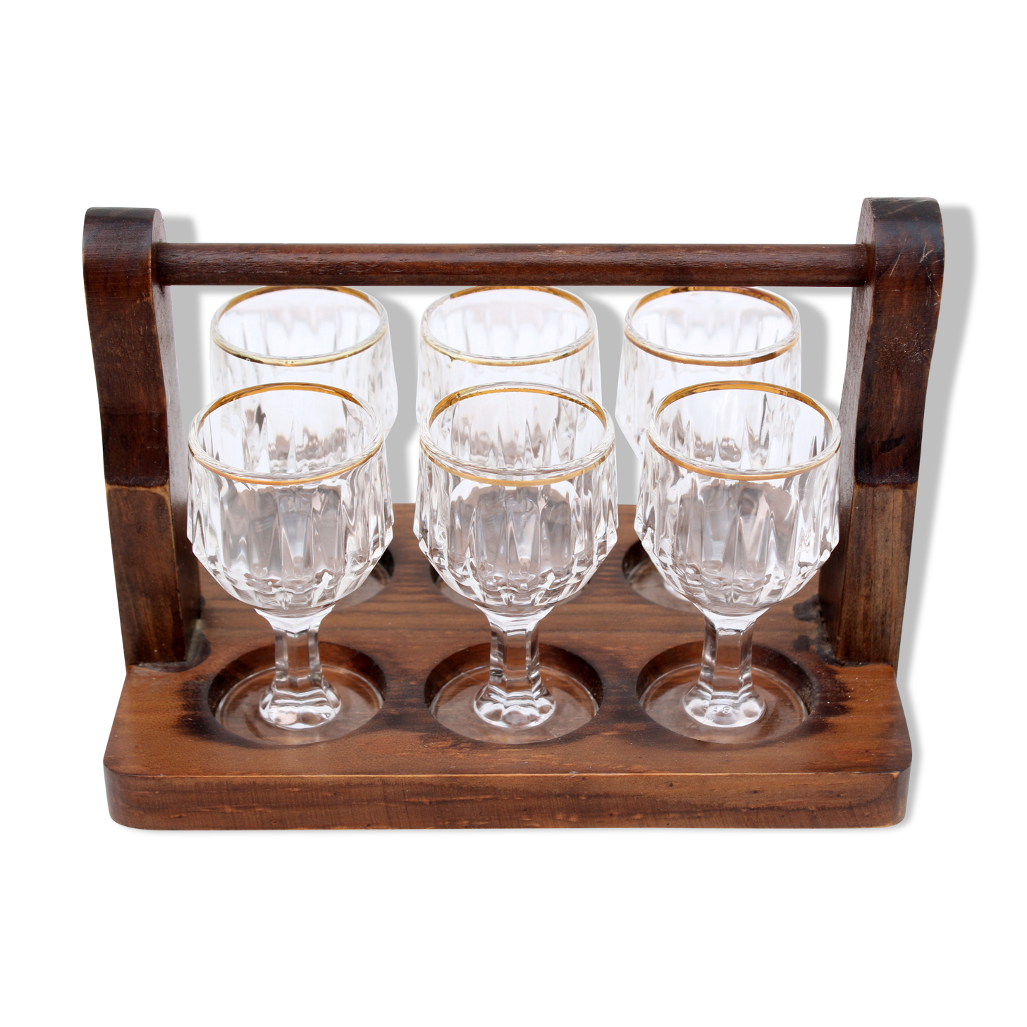 Vintage 6 liquor glasses and wood carrying tray