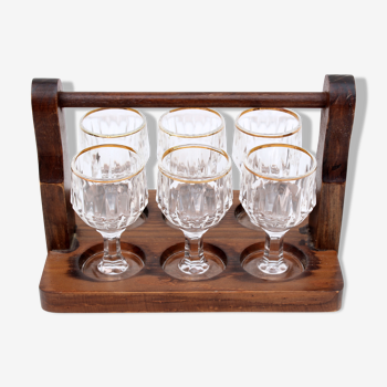 Vintage 6 liquor glasses and wood carrying tray
