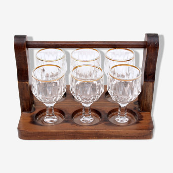 6 verres à liqueur vintage avec plateau de service