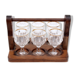 Vintage 6 liquor glasses and wood carrying tray