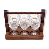Vintage 6 liquor glasses and wood carrying tray